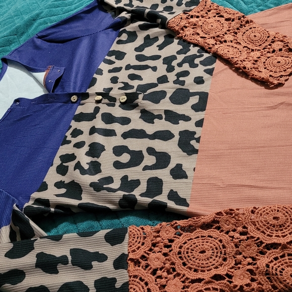 Leopard Colorblock Crocheted Long Sleeve Button Up Blouse, Medium - Picture 8 of 10